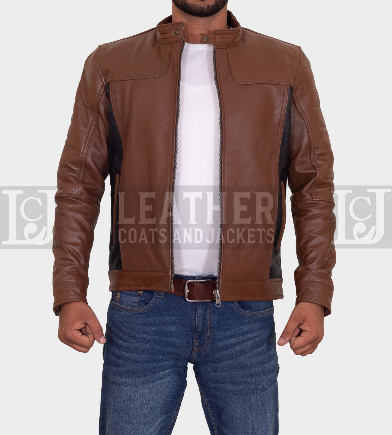 Men's Brown and Black Leather Jacket with Contrast Panels