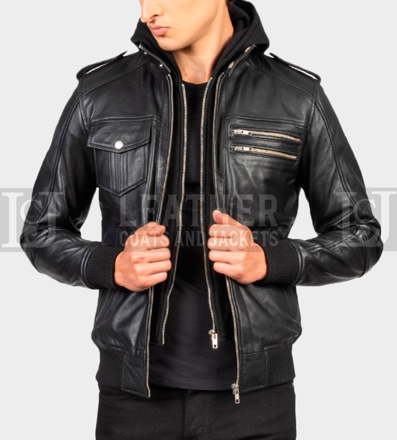 Men's Black Leather Bomber Jacket with Hood and Ribbed Hem