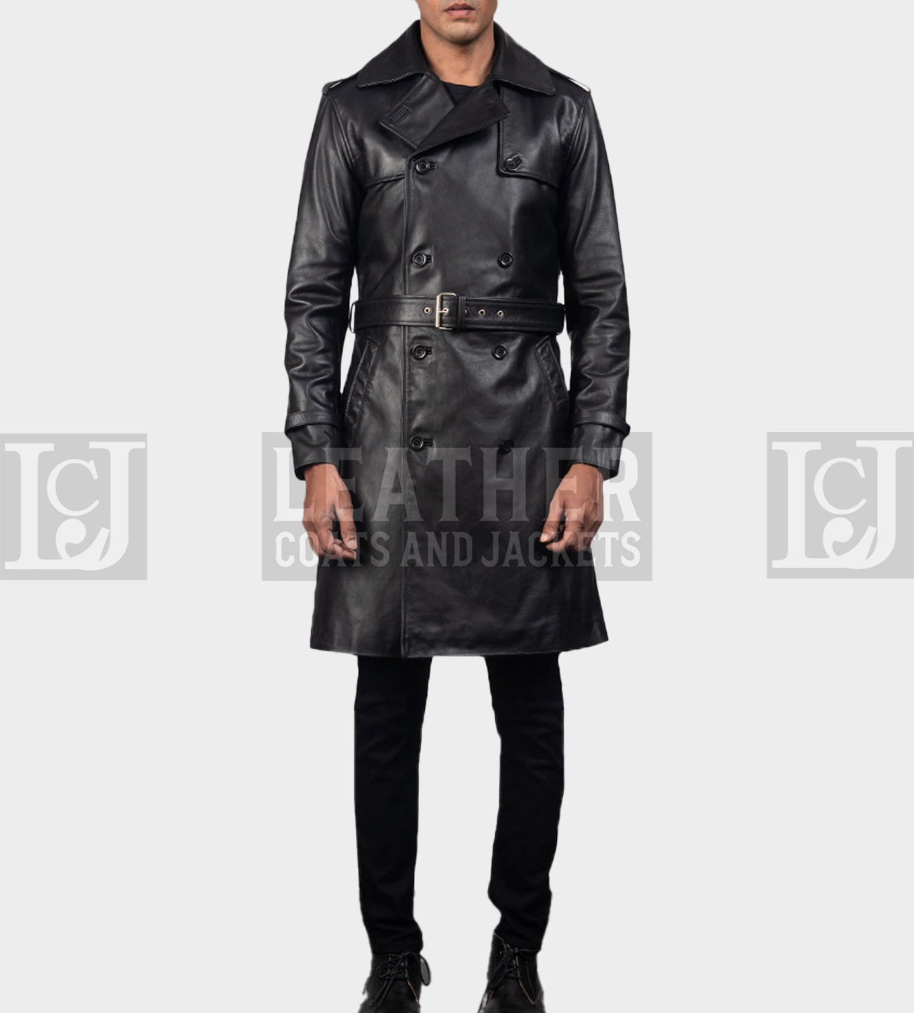 Royson Men's Black Leather Trench Coat with Belt and Epaulettes