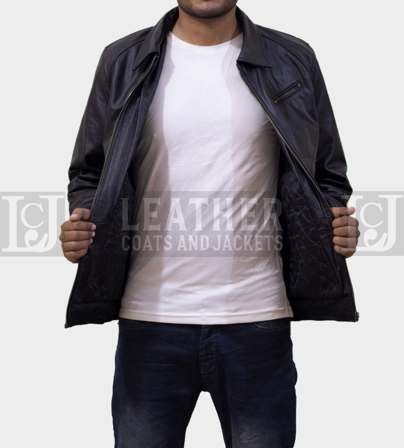 Men's Black Leather Jacket - Classic Collar Style in Genuine Cowhide