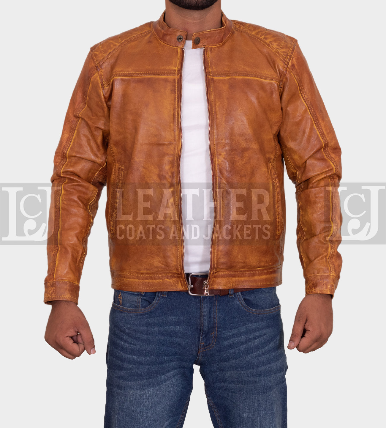 Men's Distressed Tan Leather Jacket - Genuine Cowhide with Classic Detailing