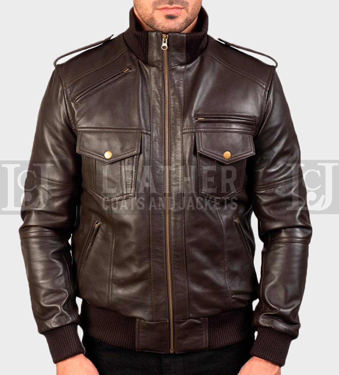 Men's Chocolate Brown Leather Bomber Jacket with Ribbed Collar and Hem