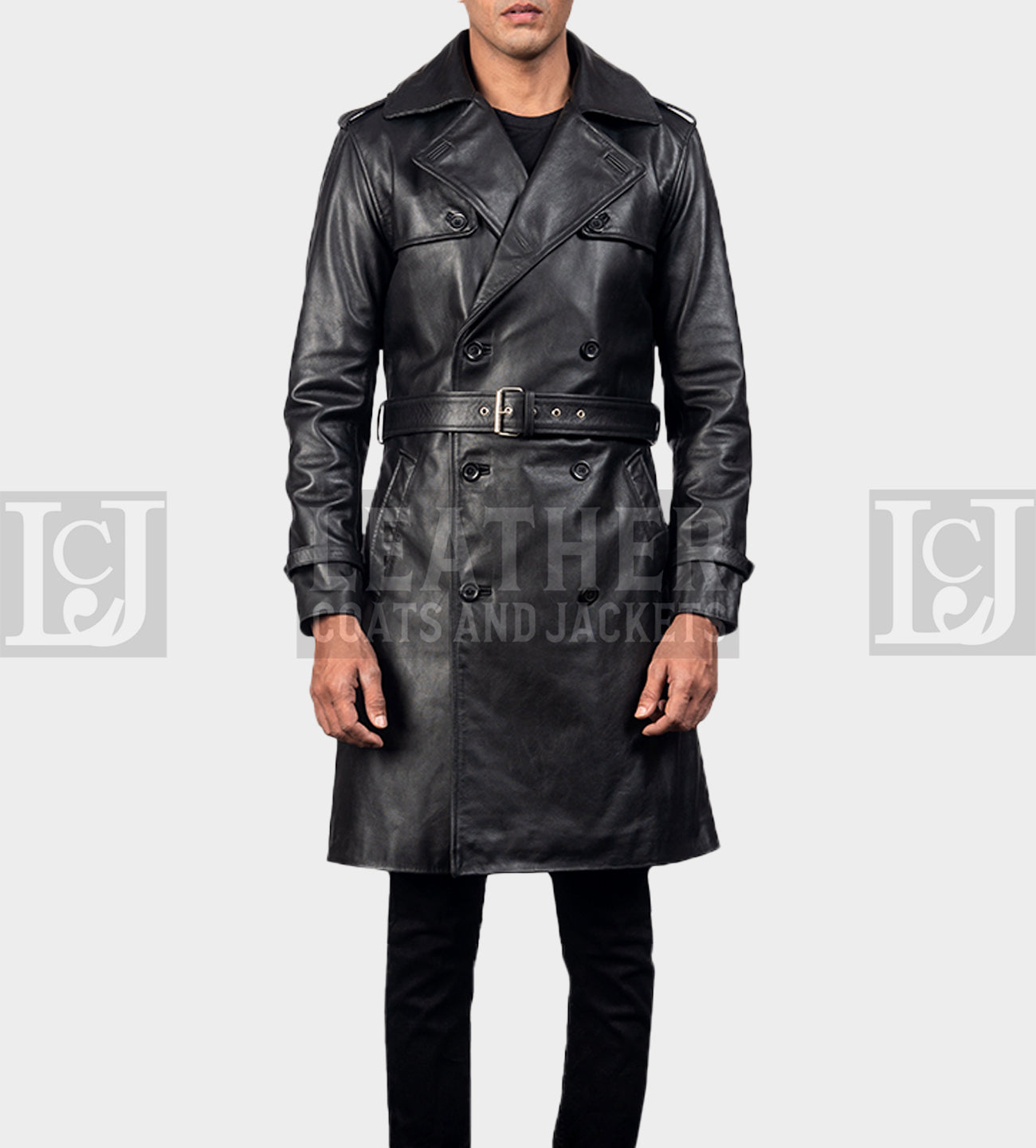 Royson Men's Black Leather Trench Coat with Belt and Epaulettes