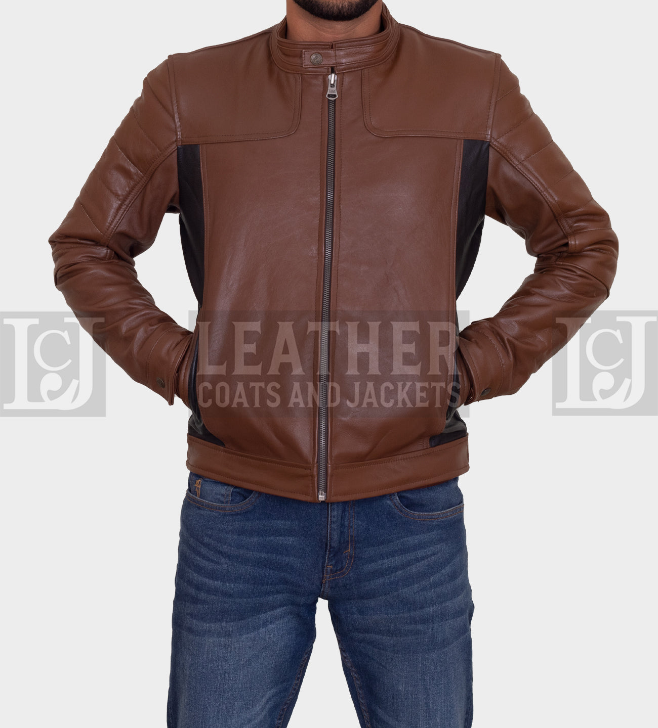 Men's Brown and Black Leather Jacket with Contrast Panels