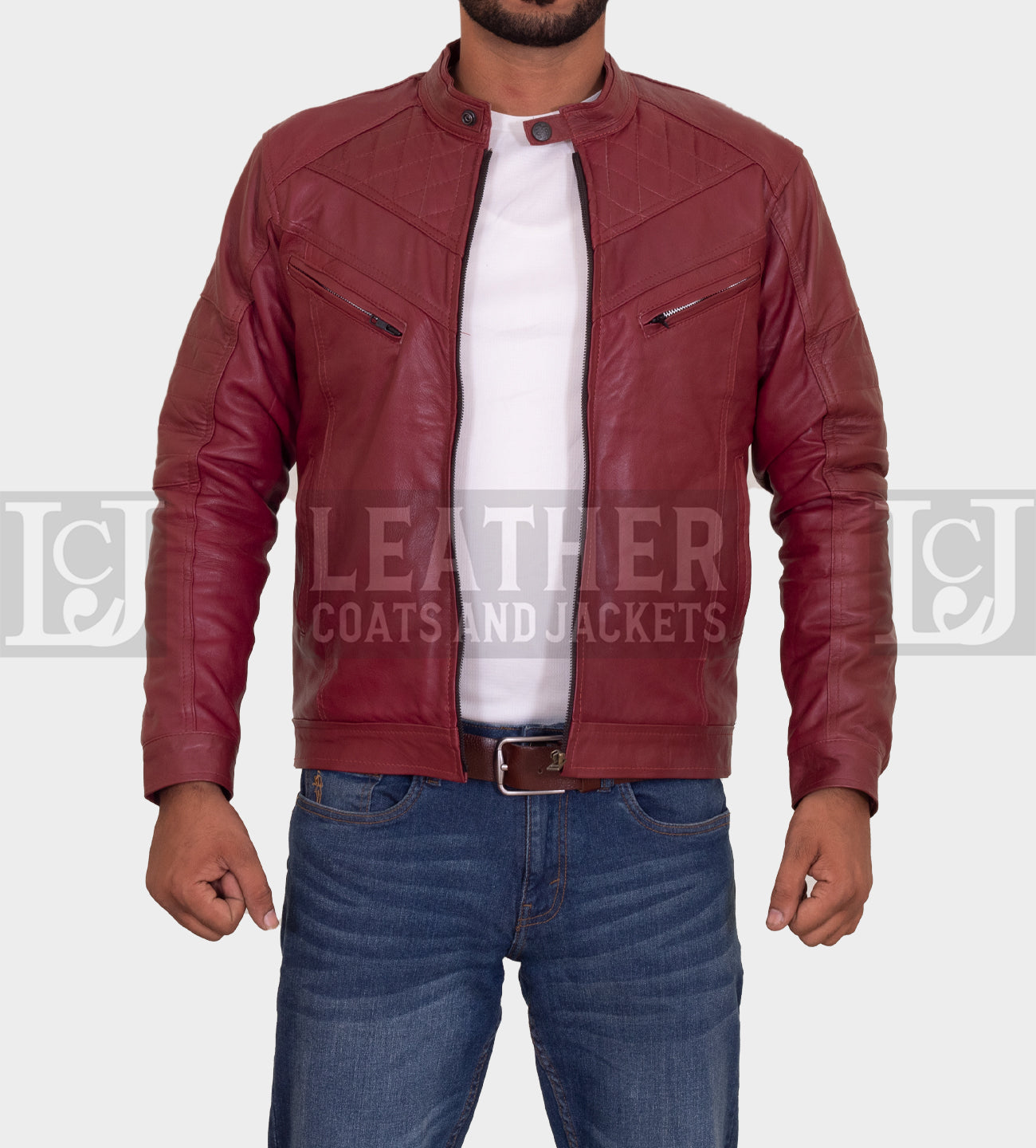 Men's Maroon Quilted Leather Jacket with Snap Collar and Zipper Pockets