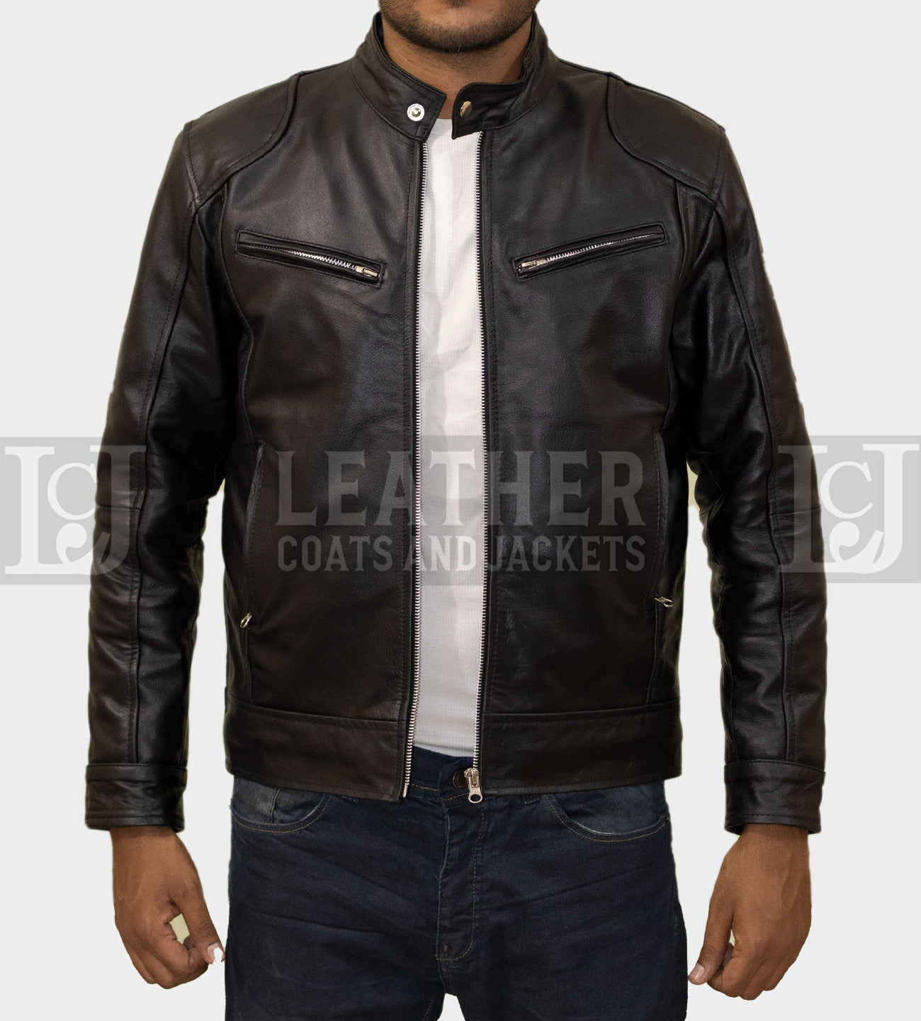 Men's Black Leather Jacket - Sleek Design with Zipper Accents