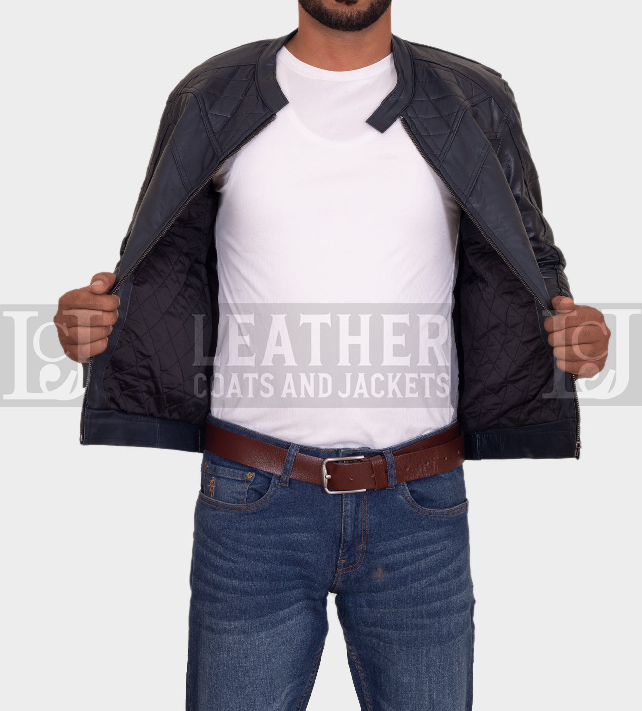 Men’s Navy Blue Slim-Fit Leather Jacket – Modern Quilted Design with Soft Lining