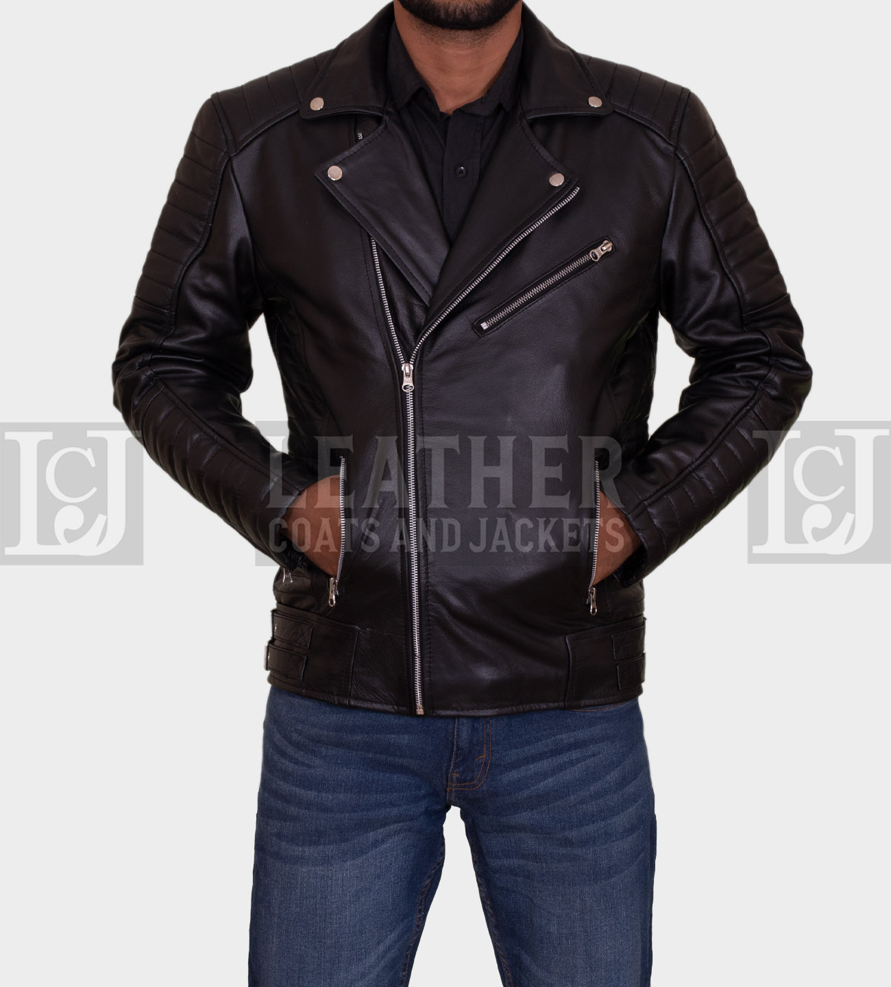 Black Quilted Leather Jacket with Asymmetrical Zipper Design