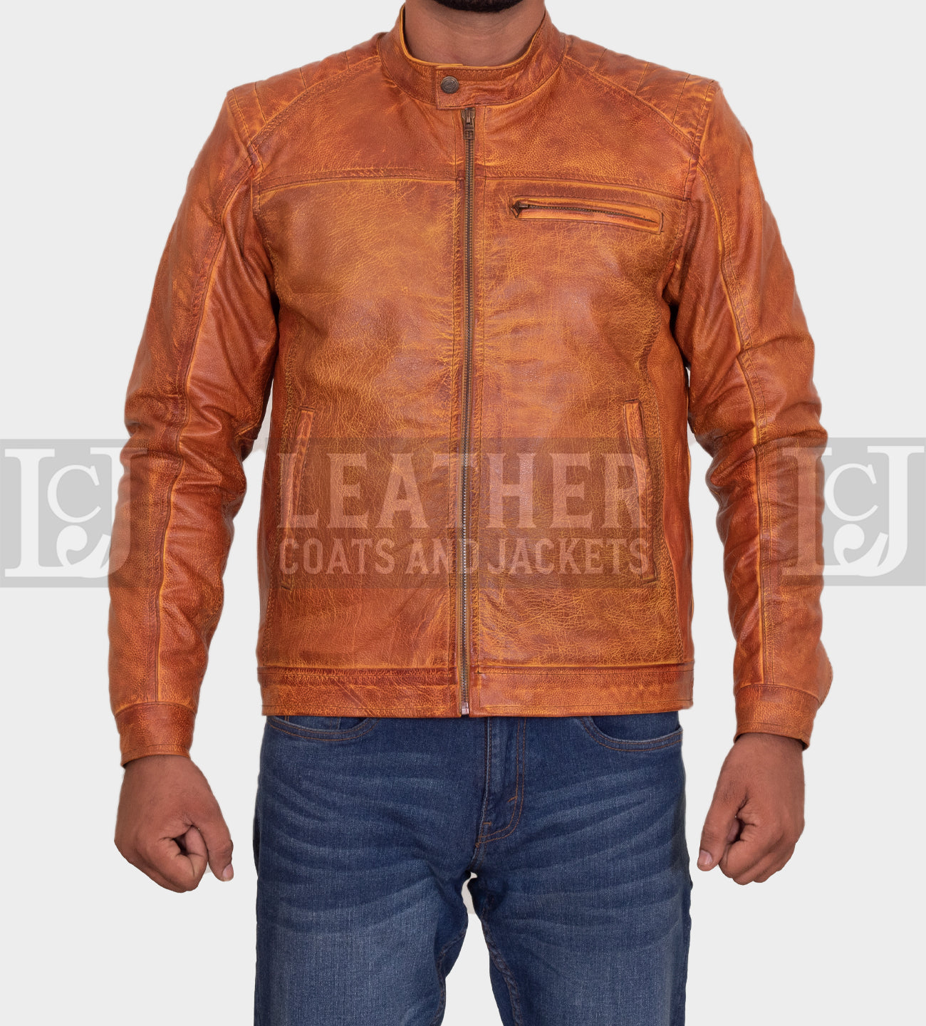 Men's Distressed Vintage Tan Leather Jacket - Stylish Cowhide Design