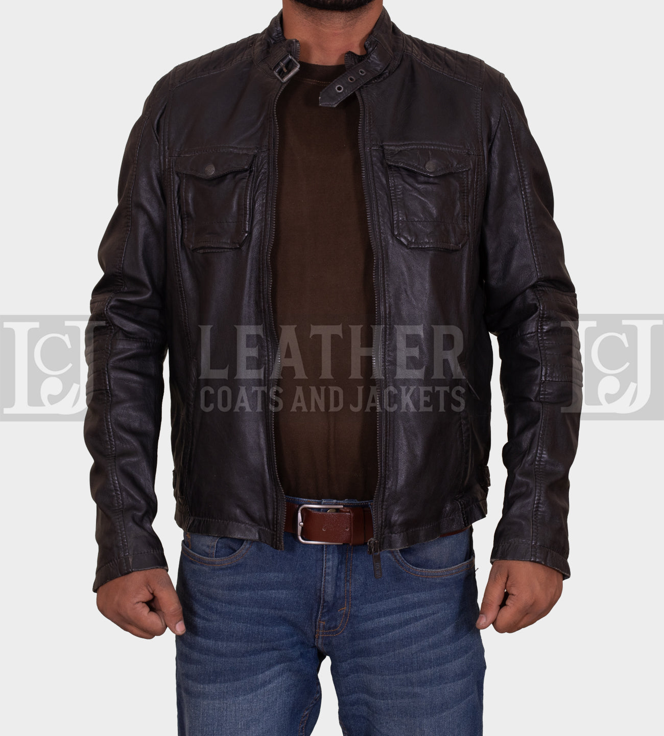 Men's Black Leather Jacket with Buckled Neck Straps and Quilted Detailing