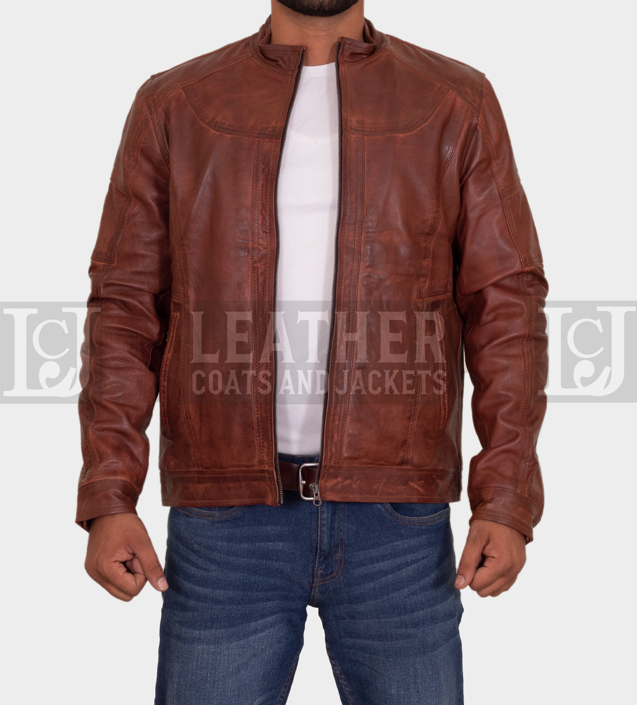 Classic Brown Leather Jacket with Detailed Stitching and YKK Zippers