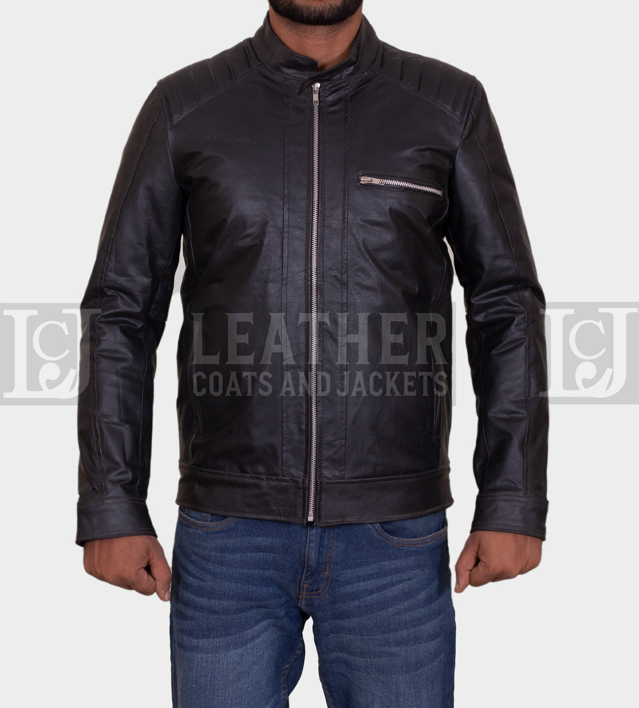 Men's Black Leather Jacket with Quilted Shoulder Detail and Zipper Pocket