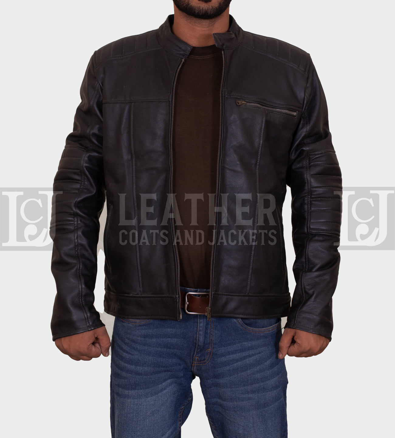 Men's Black Leather Jacket with Padded Sleeves and Multiple Pockets