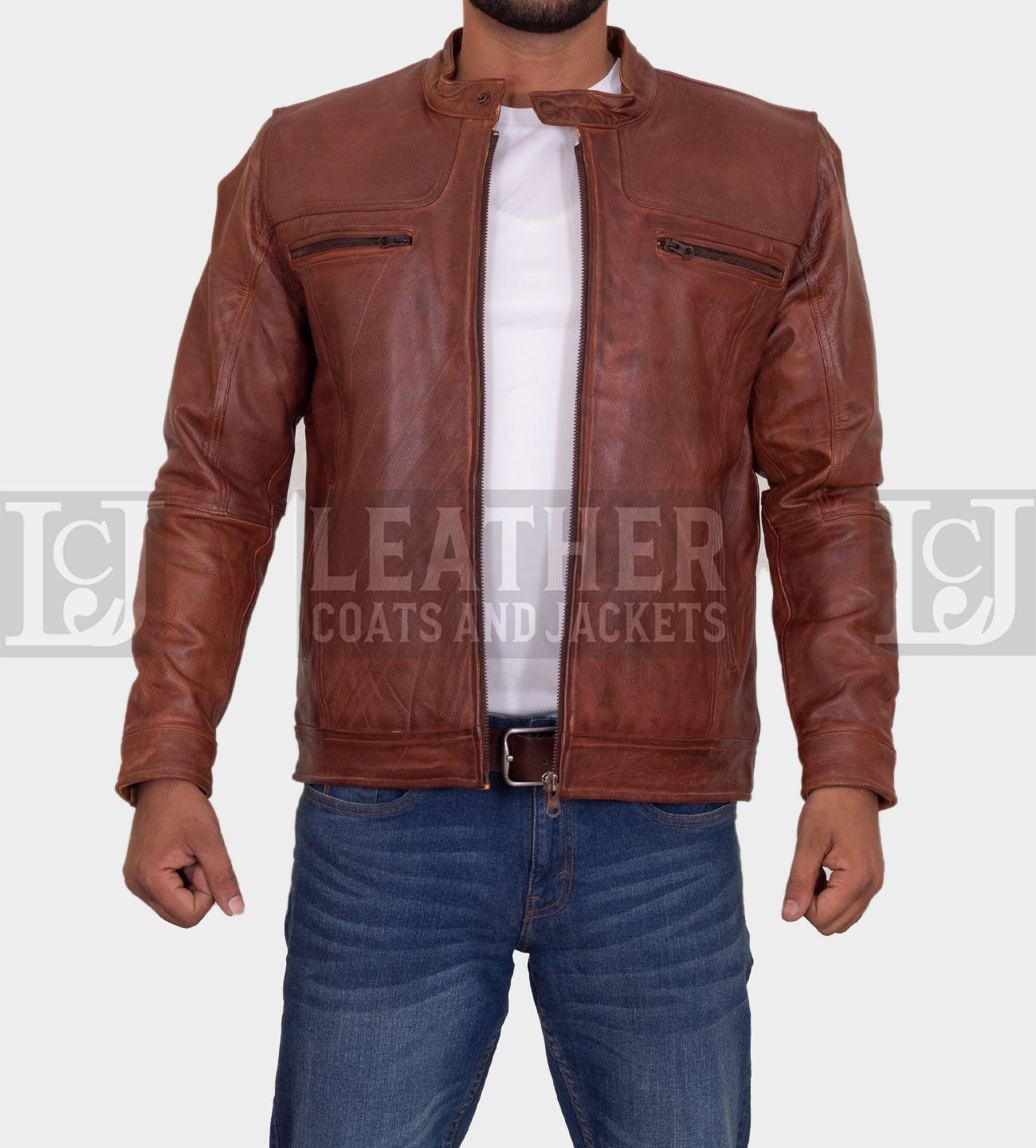 Men's Brown Leather Jacket - Double Chest Zipper Design in Genuine Cowhide