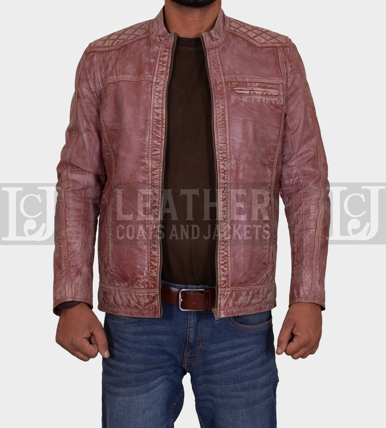 Men's Distressed Brown Leather Jacket with Quilted Detailing