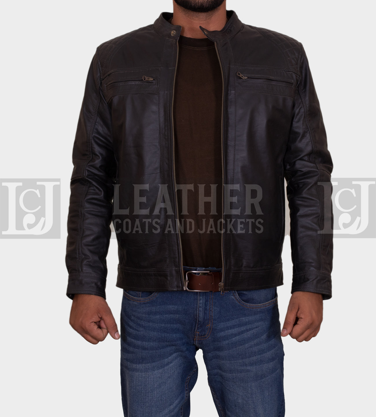 Men's Black Leather Jacket with Quilted Shoulders and Multiple Pockets