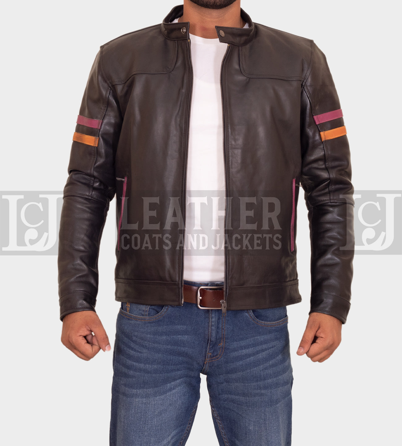 Men's Black Leather Jacket with Maroon & Orange Stripes