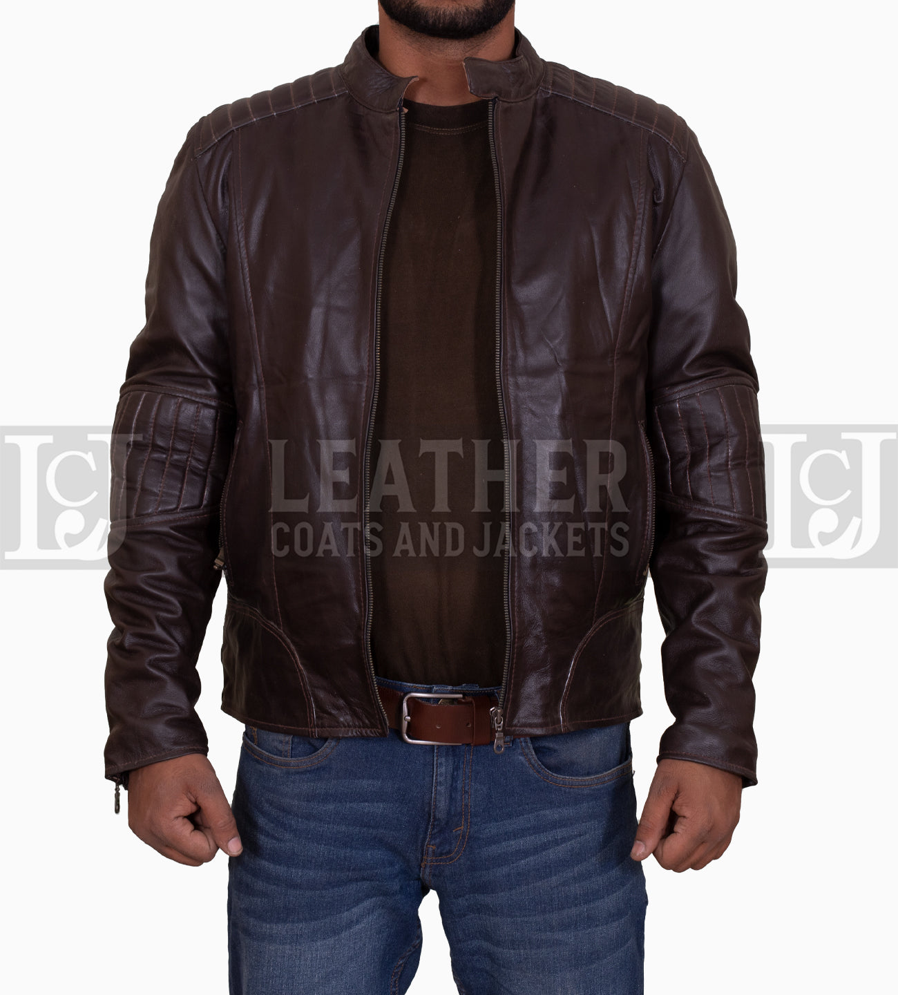 Men's Chocolate Brown Leather Jacket with Padded Sleeves and Quilted Shoulders