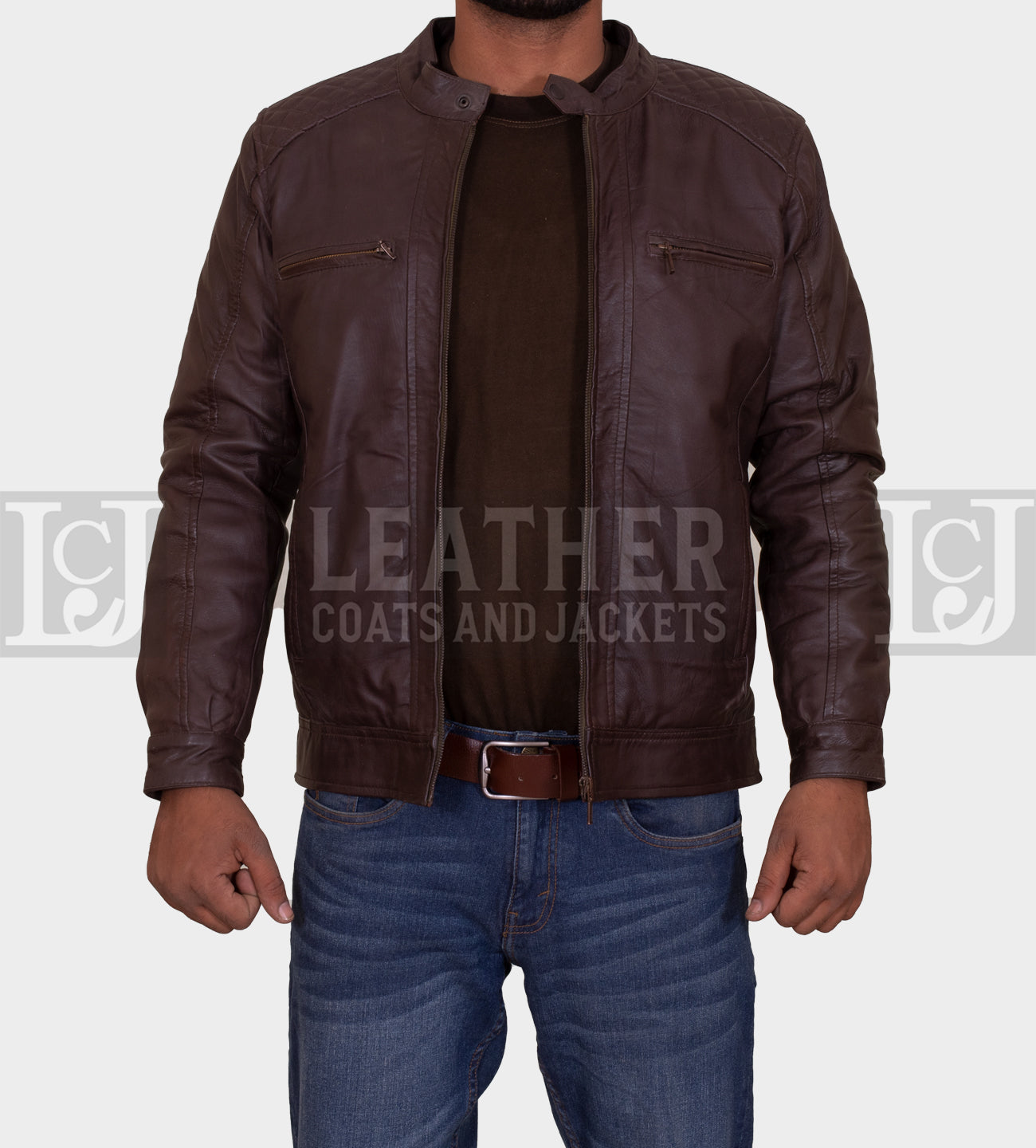 Men's Chocolate Brown Leather Jacket with Quilted Shoulders and Multiple Pockets