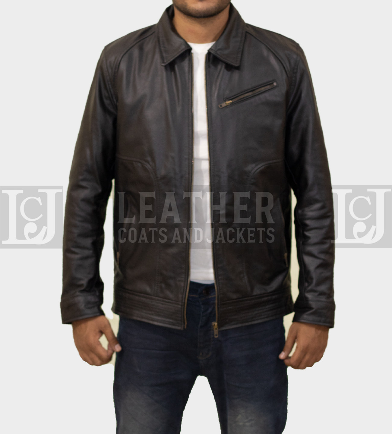 Men's Black Leather Jacket - Classic Collar Style in Genuine Cowhide