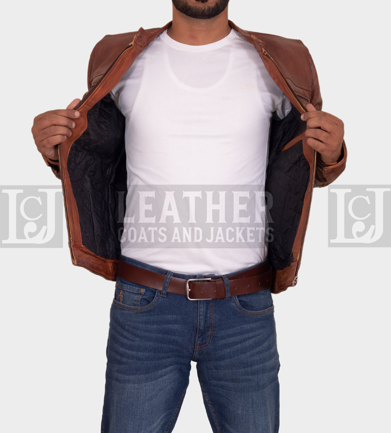 Men's Brown Leather Jacket - Double Chest Zipper Design in Genuine Cowhide