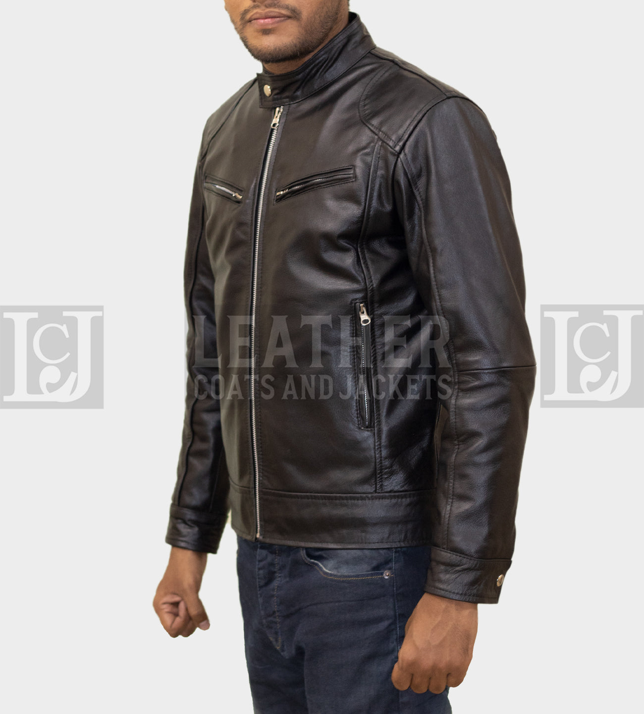 Men's Black Leather Jacket - Sleek Design with Zipper Accents