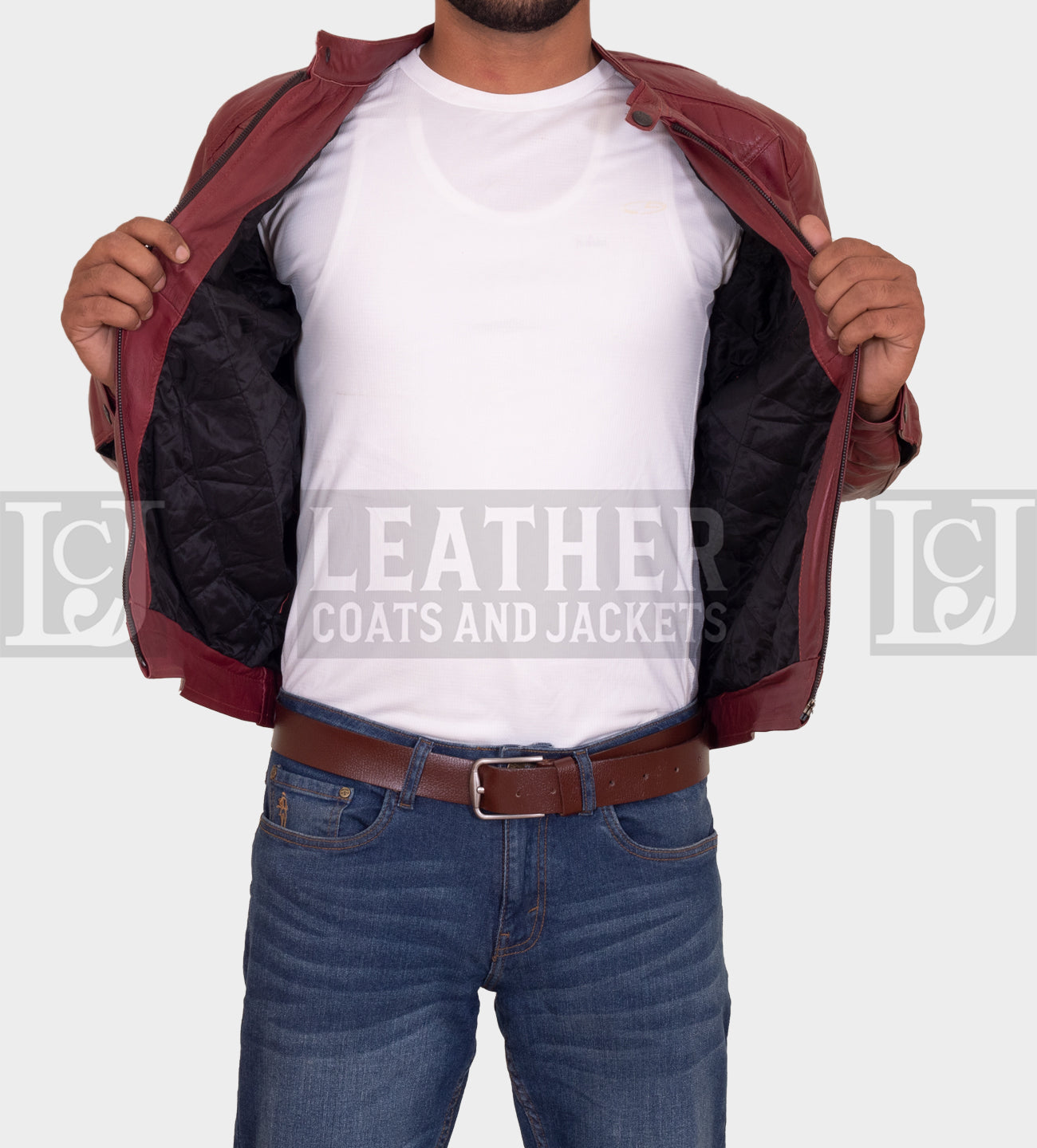 Men's Maroon Quilted Leather Jacket with Snap Collar and Zipper Pockets