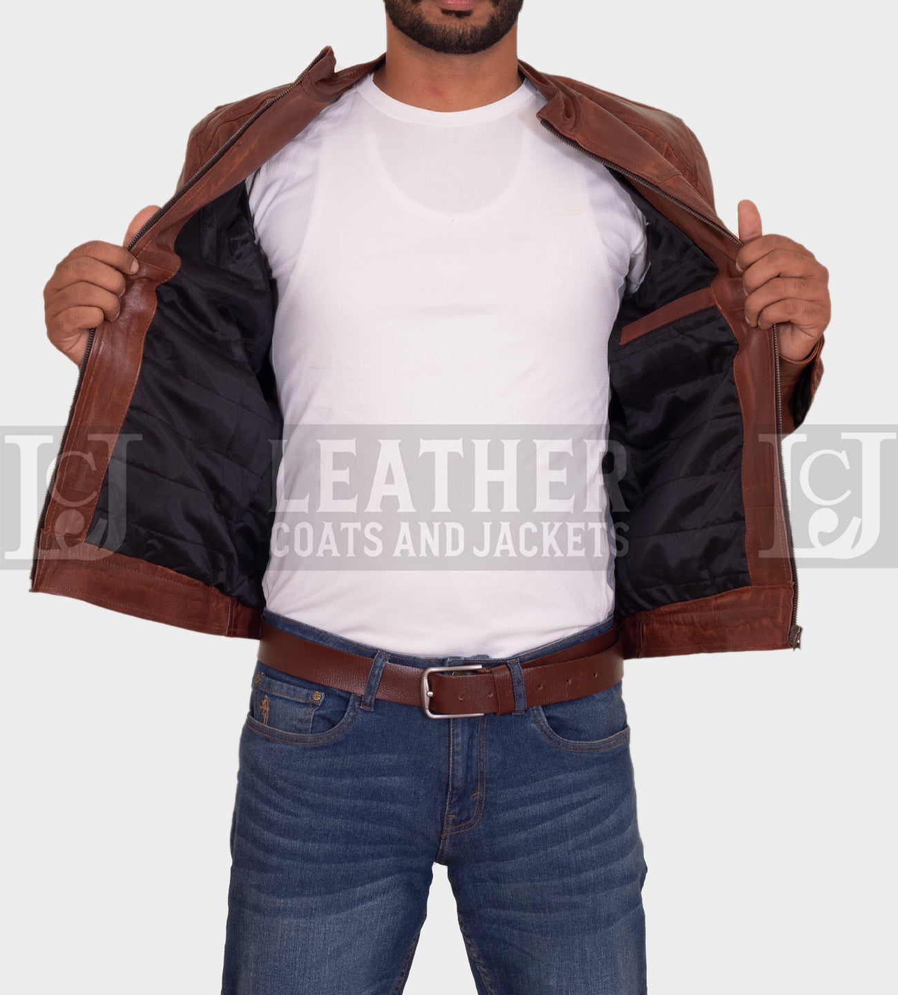 Classic Brown Leather Jacket with Detailed Stitching and YKK Zippers