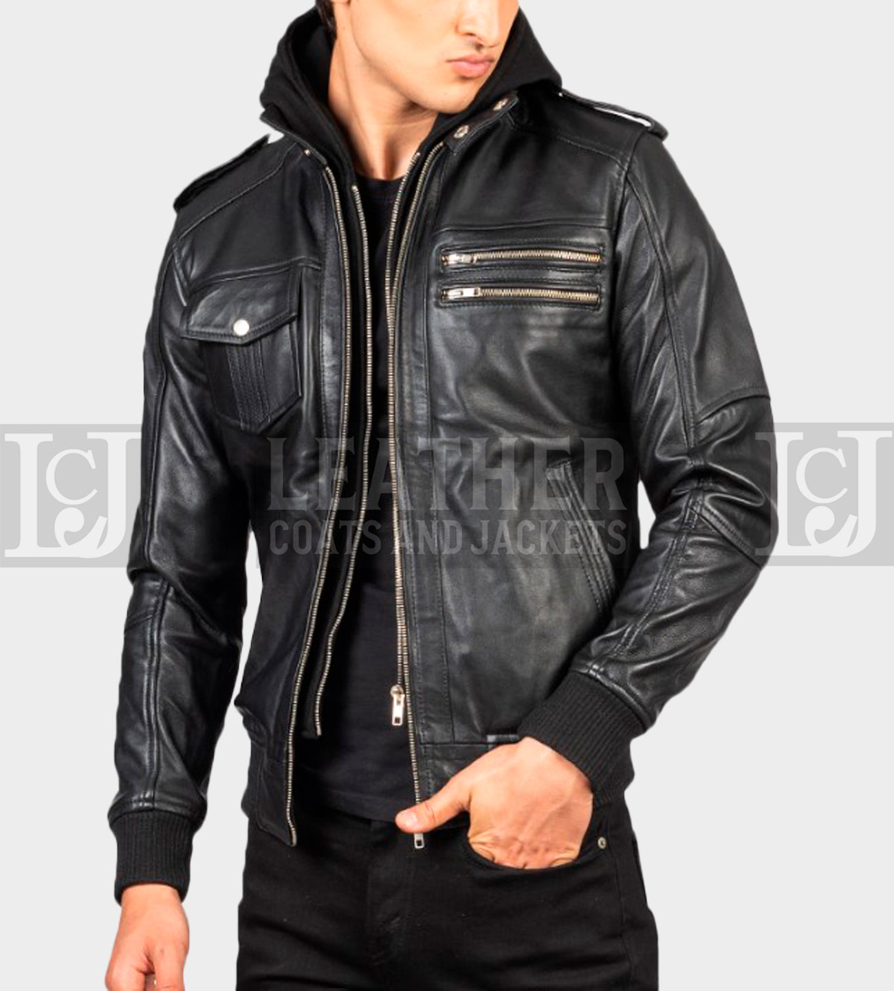 Men's Black Leather Bomber Jacket with Hood and Ribbed Hem