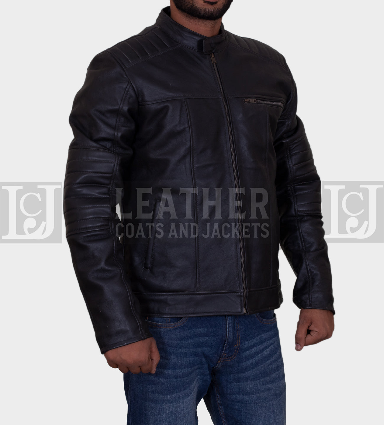 Men's Black Leather Jacket with Padded Sleeves and Multiple Pockets