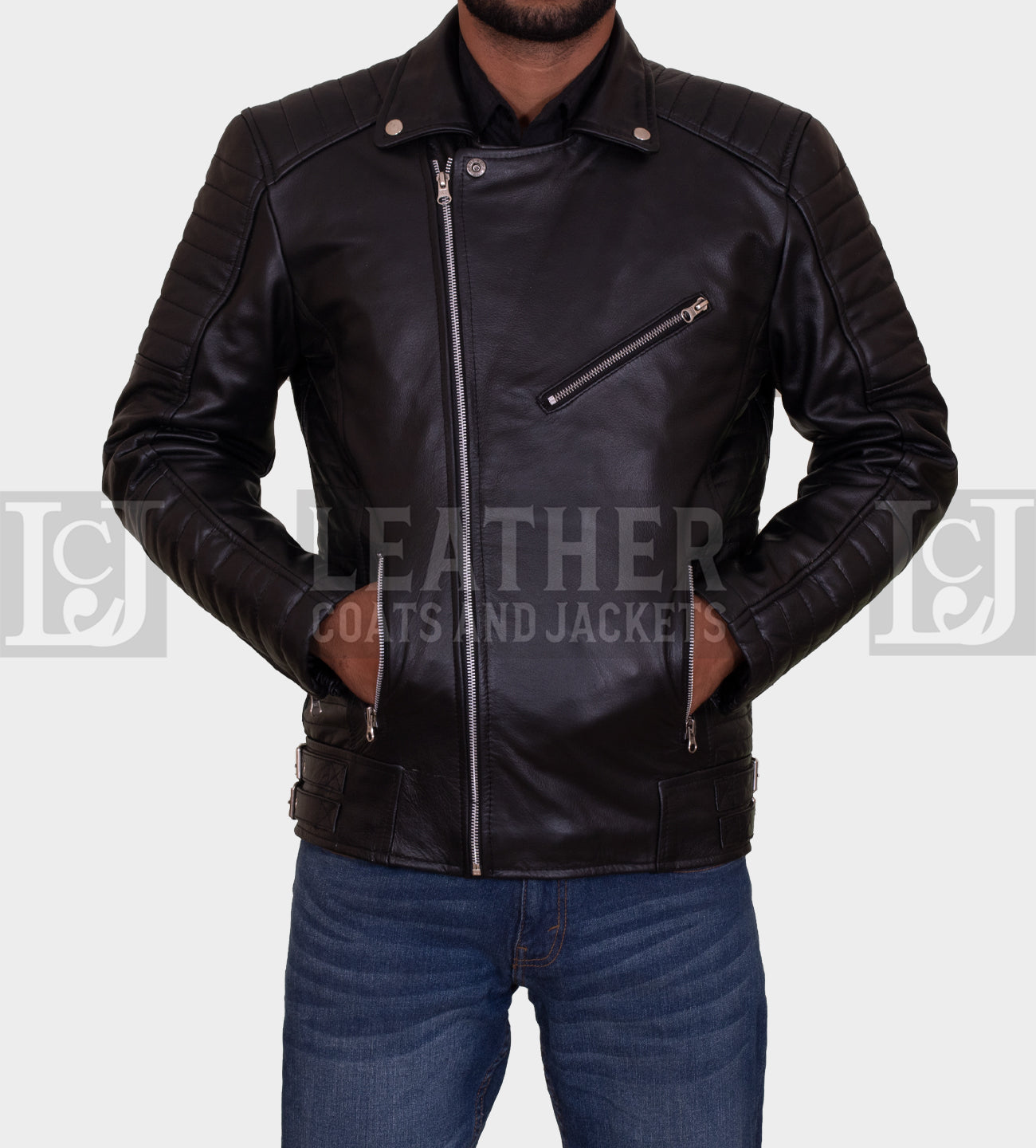 Black Quilted Leather Jacket with Asymmetrical Zipper Design