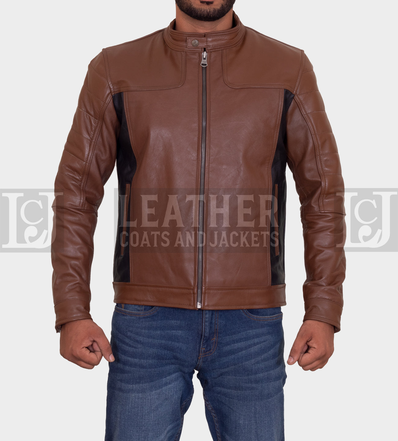 Men's Brown and Black Leather Jacket with Contrast Panels