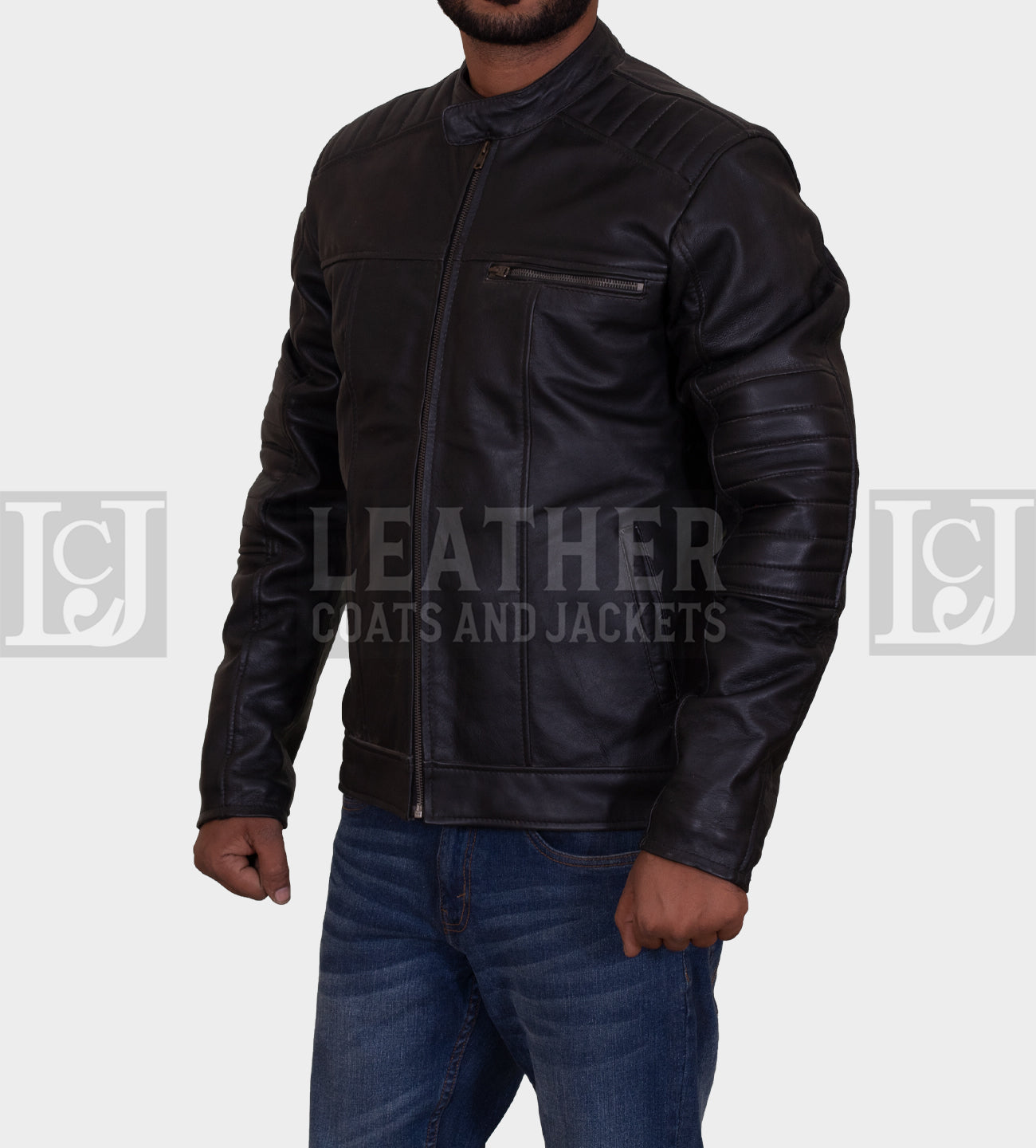 Men's Black Leather Jacket with Padded Sleeves and Multiple Pockets