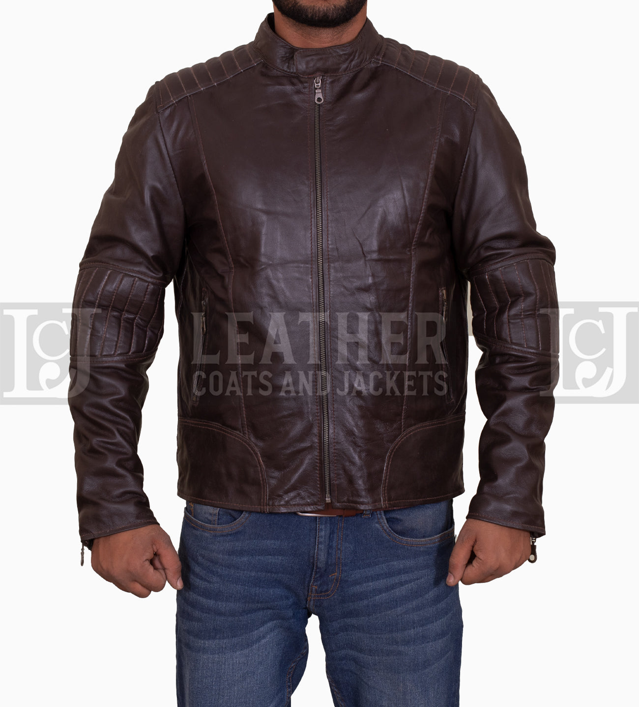 Men's Chocolate Brown Leather Jacket with Padded Sleeves and Quilted Shoulders