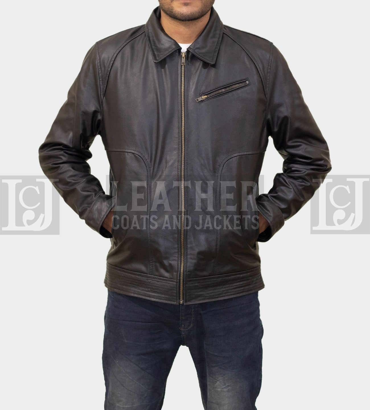 Men's Black Leather Jacket - Classic Collar Style in Genuine Cowhide