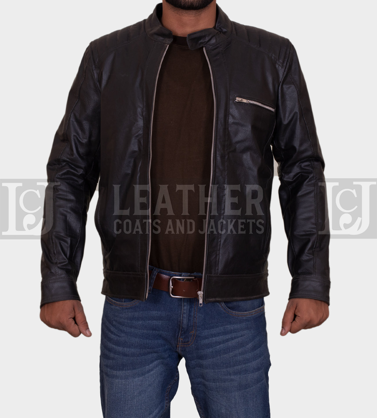 Men's Black Leather Jacket with Quilted Shoulder Detail and Zipper Pocket