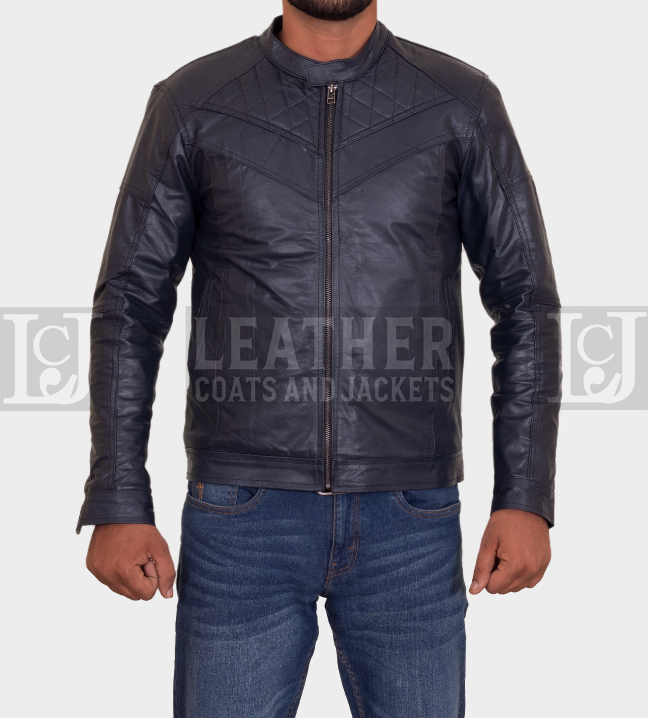 Men’s Navy Blue Slim-Fit Leather Jacket – Modern Quilted Design with Soft Lining