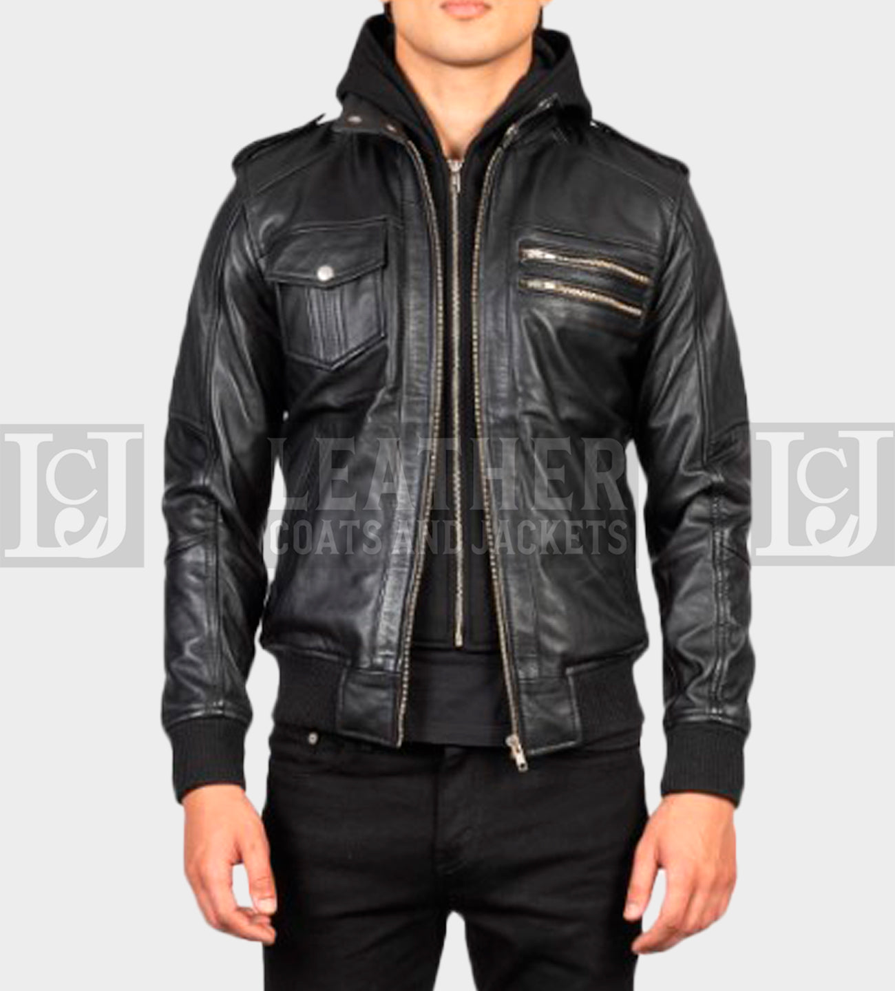 Men's Black Leather Bomber Jacket with Hood and Ribbed Hem