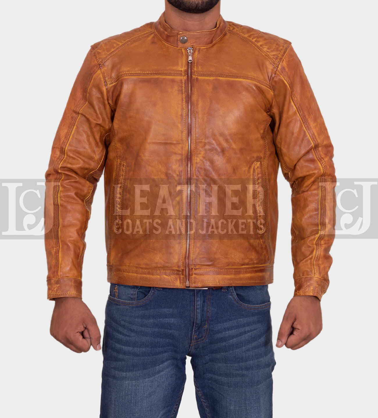 Men's Distressed Tan Leather Jacket - Genuine Cowhide with Classic Detailing