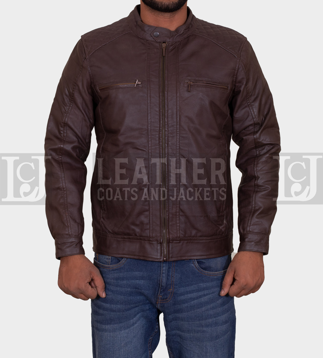 Men's Chocolate Brown Leather Jacket with Quilted Shoulders and Multiple Pockets