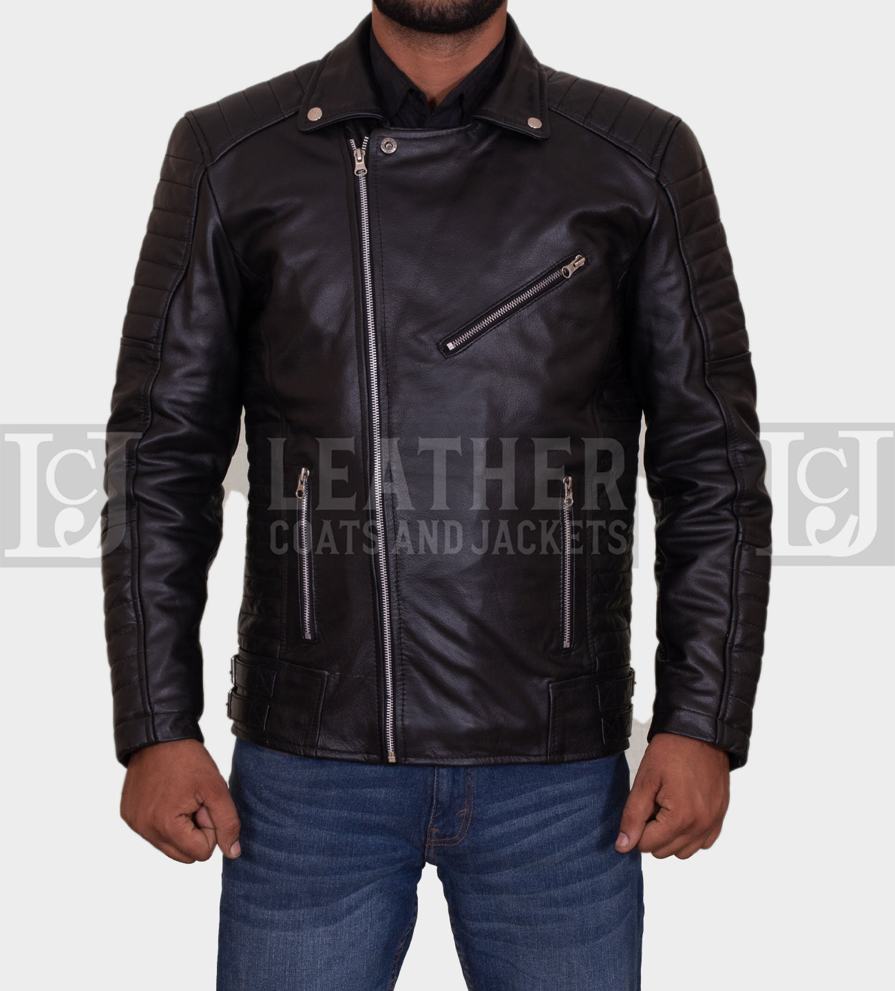 Black Quilted Leather Jacket with Asymmetrical Zipper Design