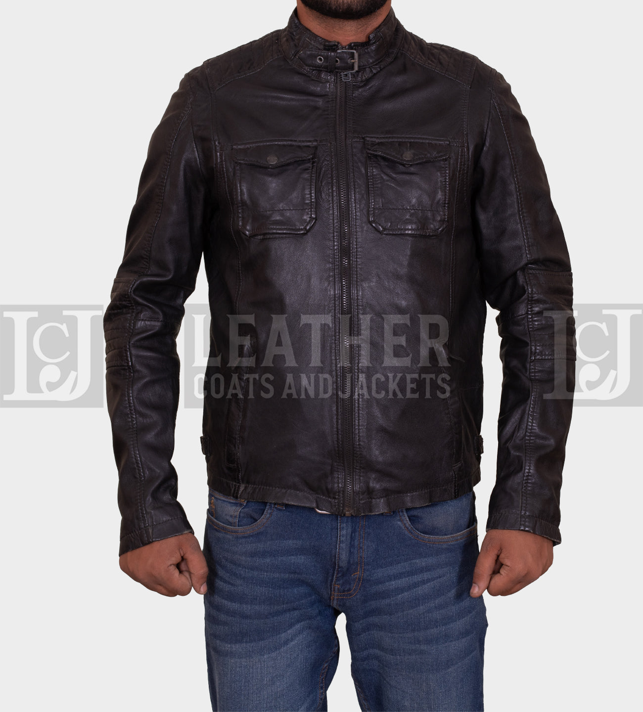 Men's Black Leather Jacket with Buckled Neck Straps and Quilted Detailing