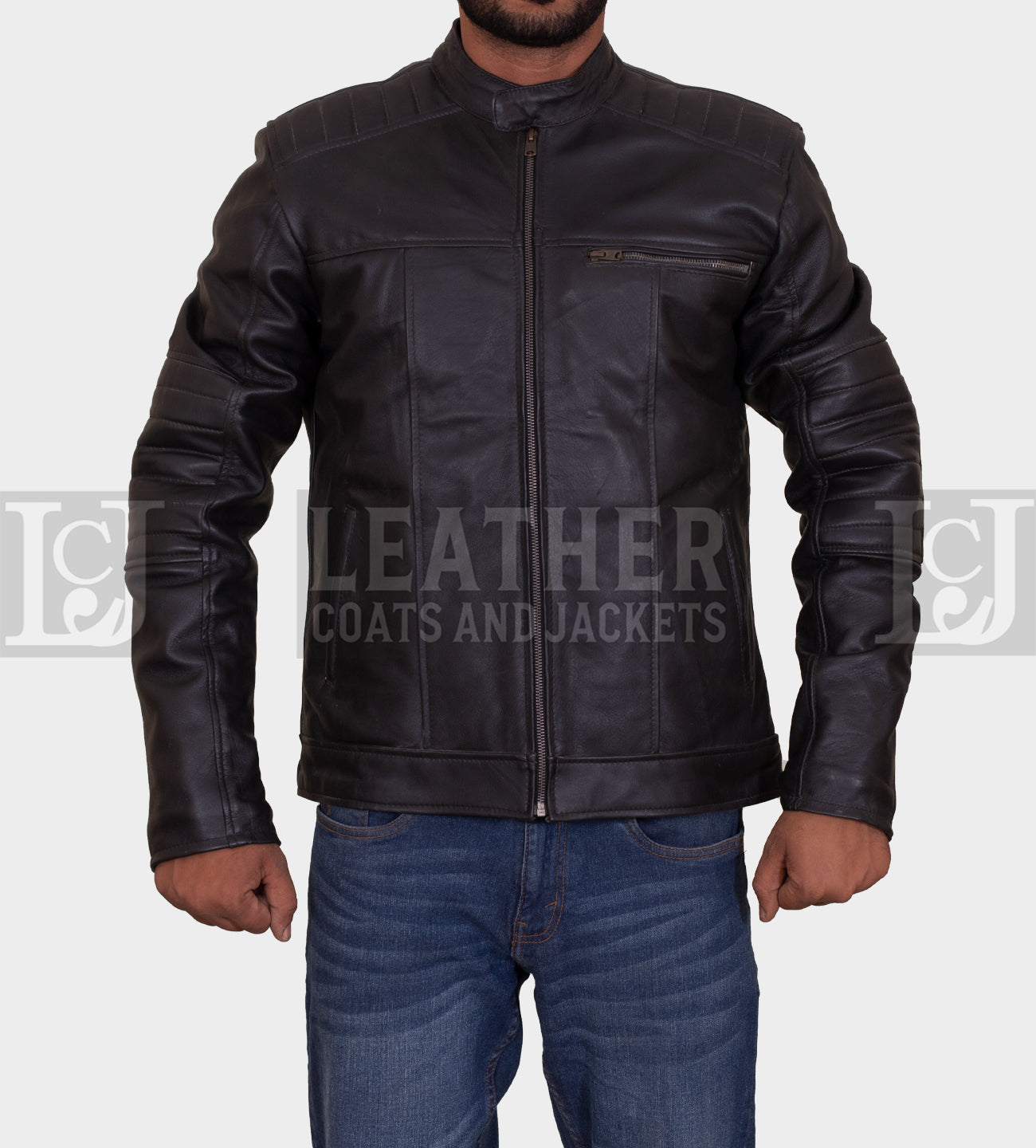 Men's Black Leather Jacket with Padded Sleeves and Multiple Pockets