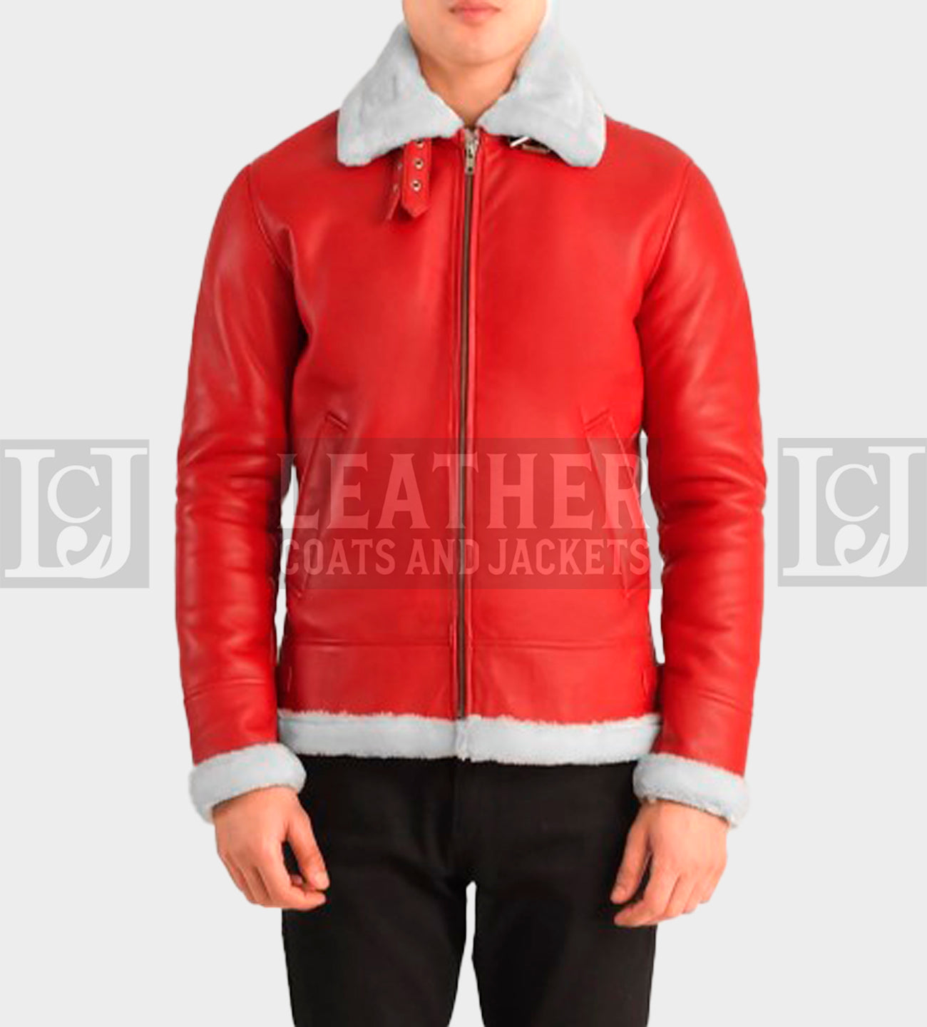 Men's Red Leather Shearling Jacket with White Fur Collar and Cuffs