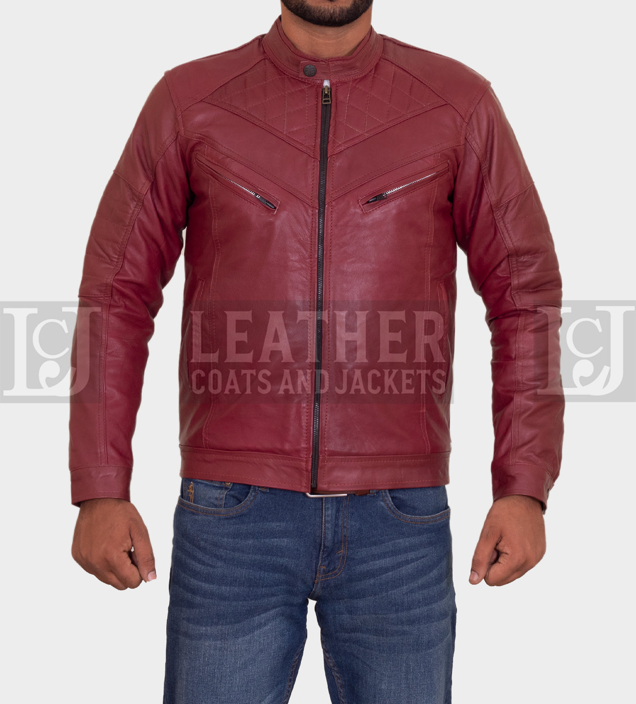 Men's Maroon Quilted Leather Jacket with Snap Collar and Zipper Pockets