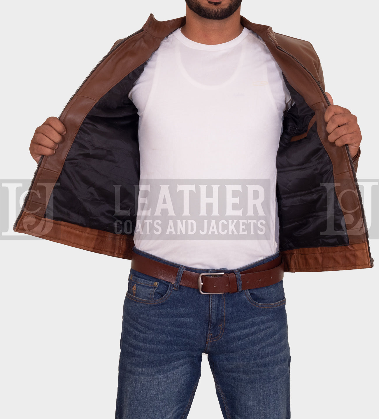 Men's Brown and Black Leather Jacket with Contrast Panels