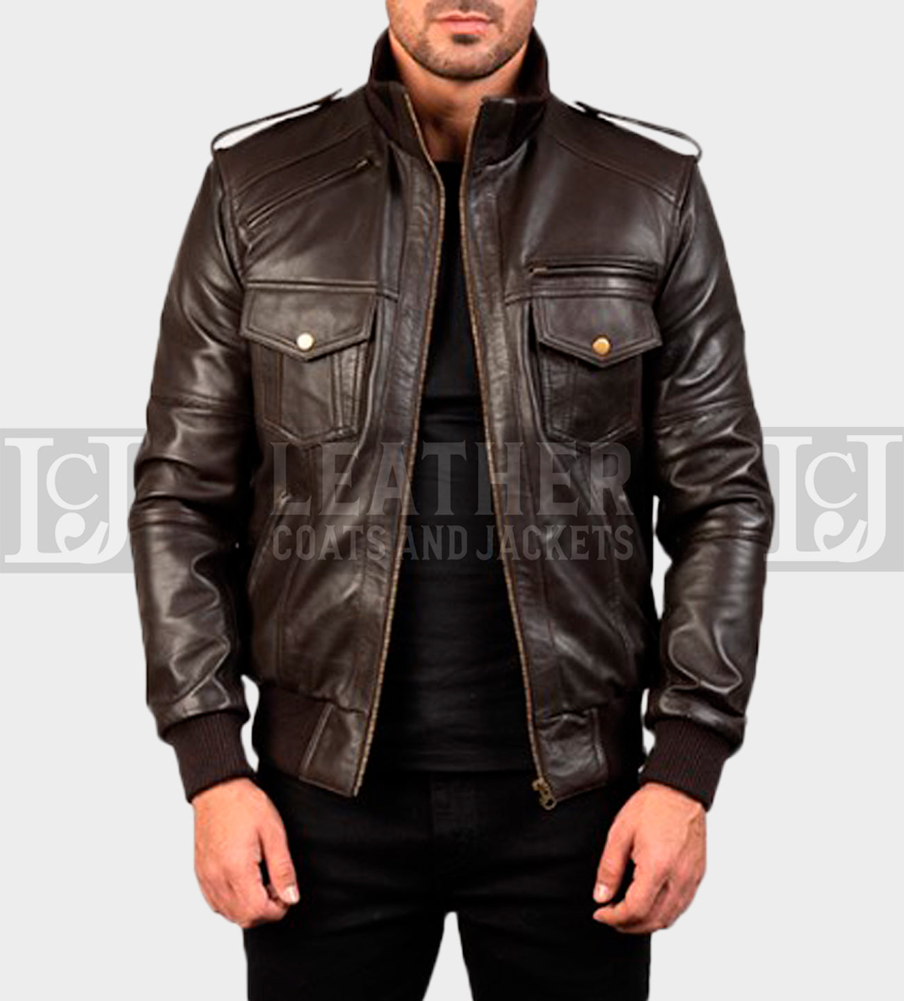 Men's Chocolate Brown Leather Bomber Jacket with Ribbed Collar and Hem