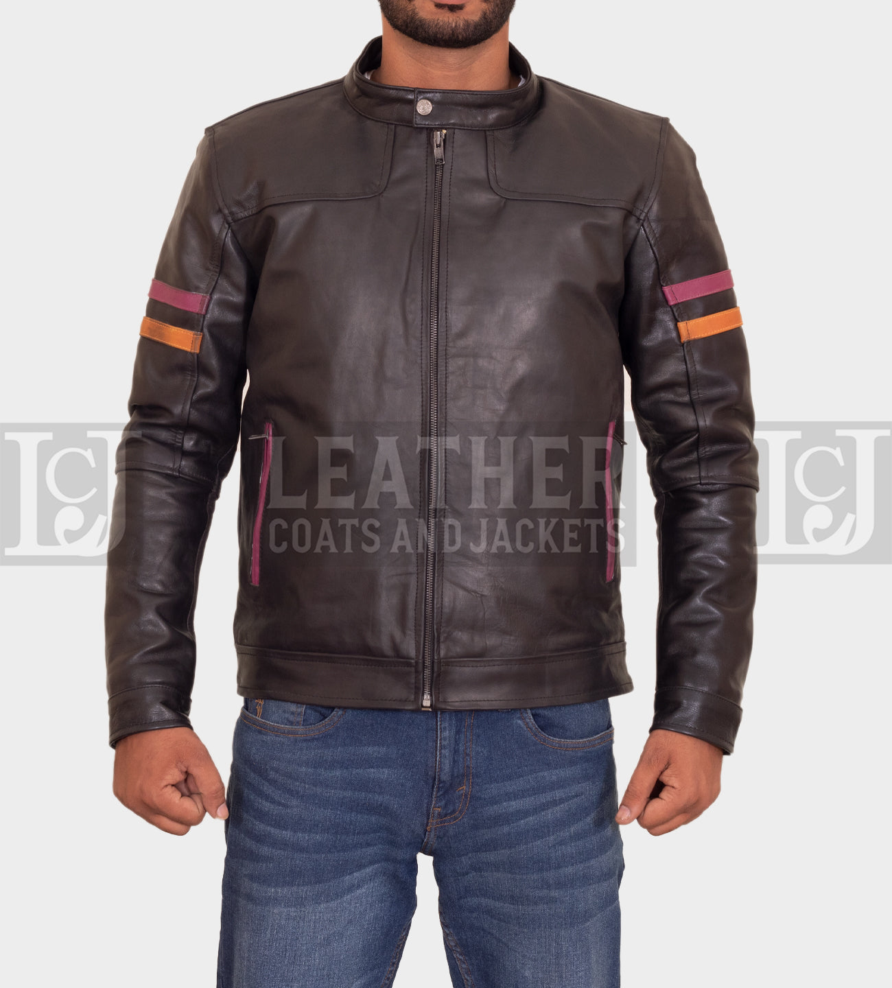 Men's Black Leather Jacket with Maroon & Orange Stripes