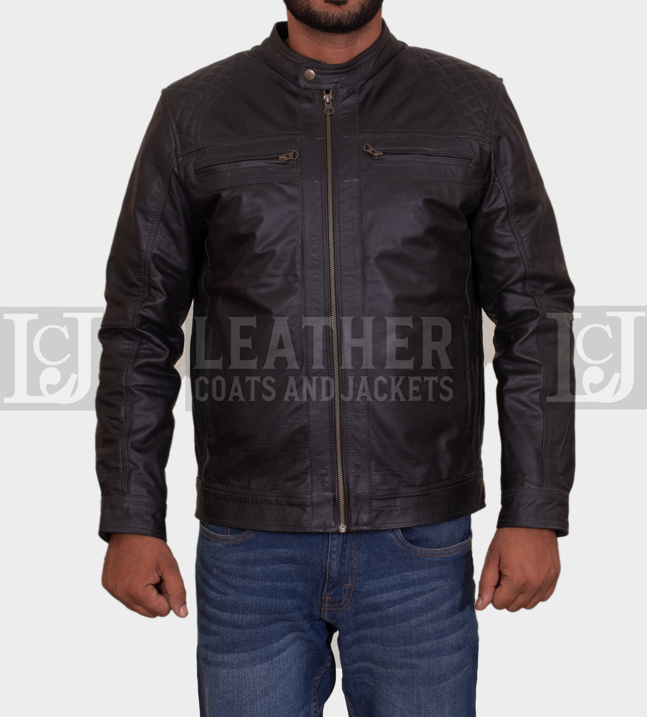 Men's Black Leather Jacket with Quilted Shoulders and Multiple Pockets