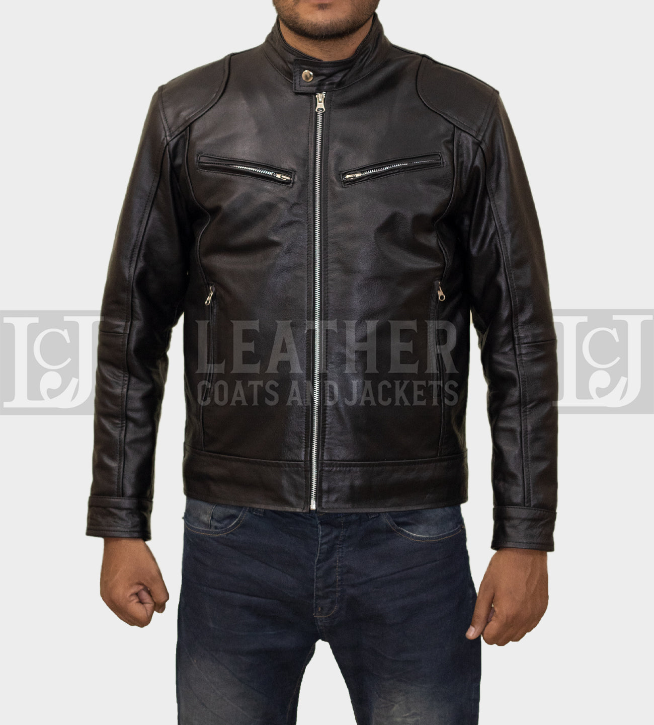 Men's Black Leather Jacket - Sleek Design with Zipper Accents